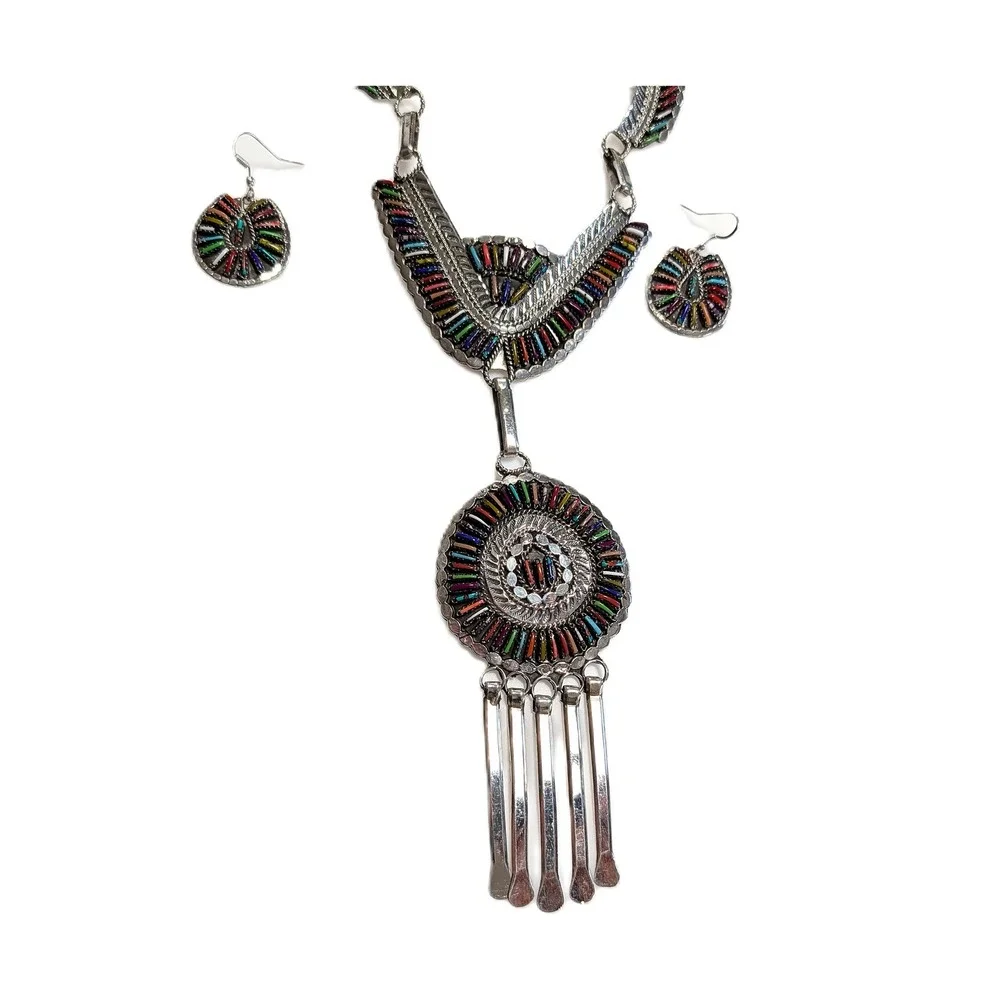 Navajo Multi-Stone Petit Needle Point Necklace and Earrings‎ Set jewelry**